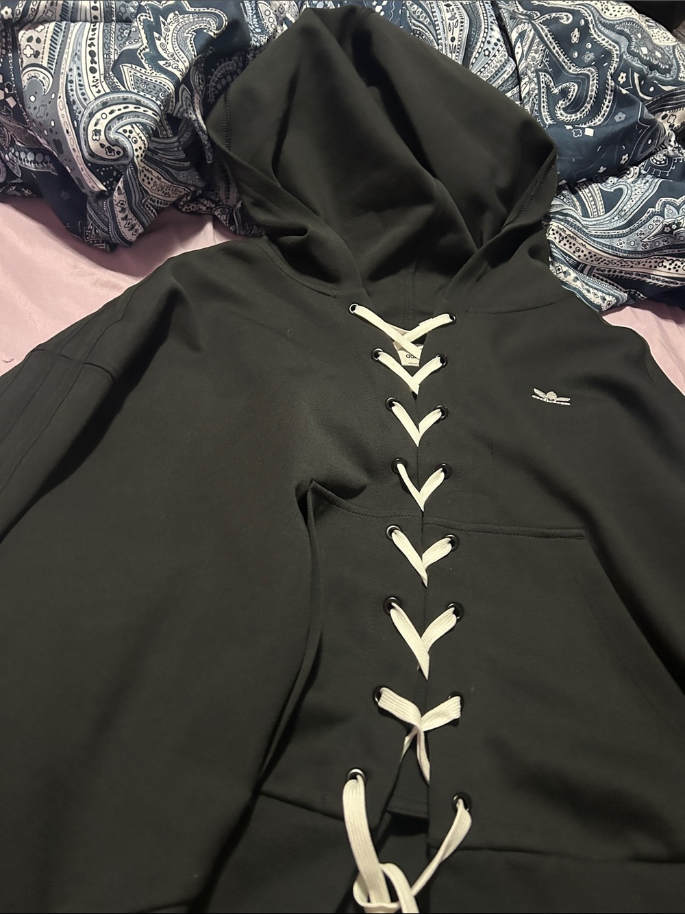 adidas Black Lace-Up Hoodie with White Lacing